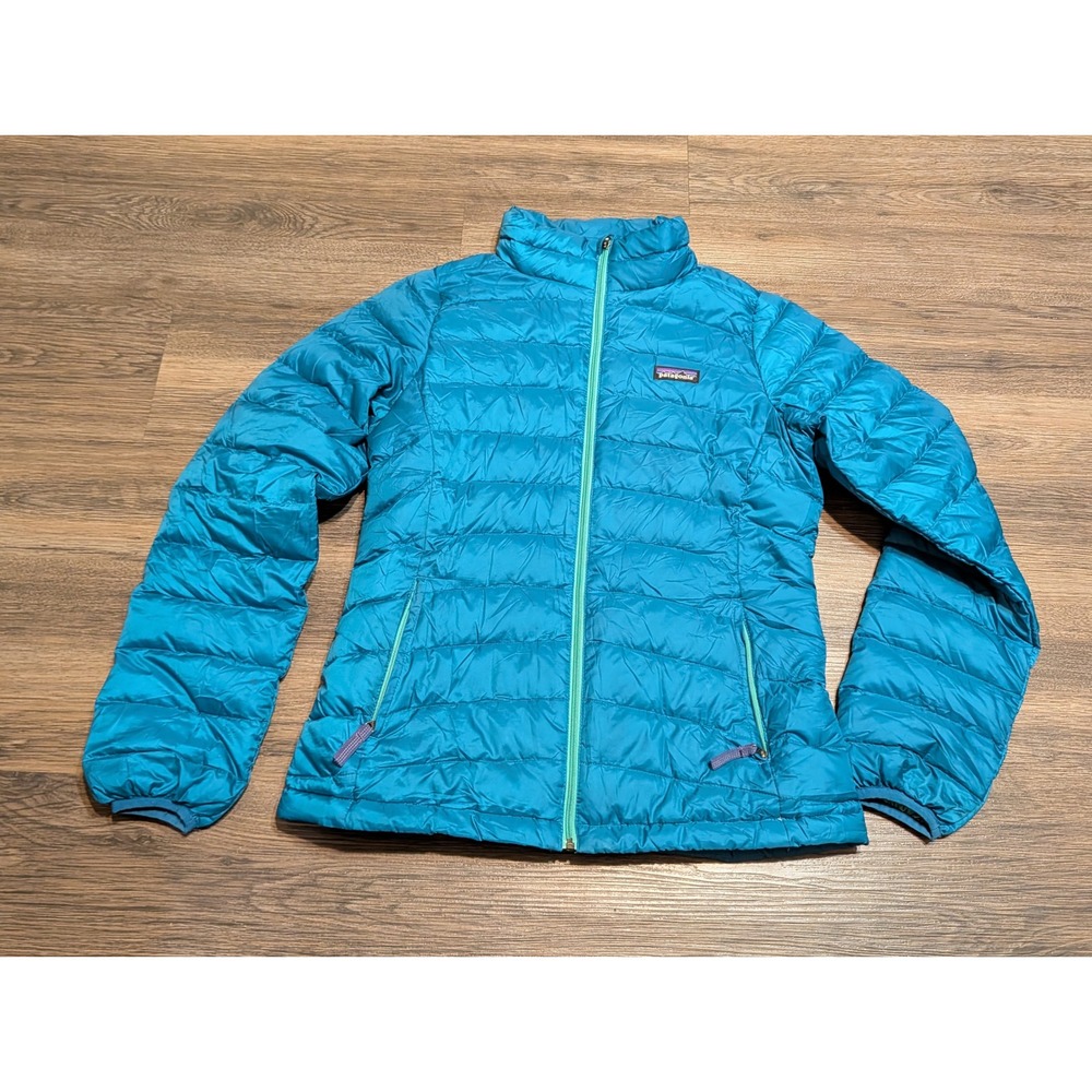 Patagonia Girls XL 14 Down Sweater Jacket Teal Blue Puffer Full Zip Quilted